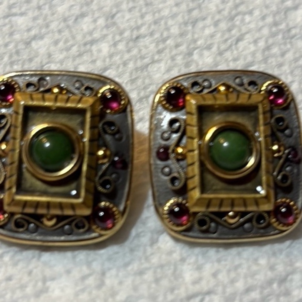 Michael Golan Square Clip on Earrings jade Amber Stones gold silver